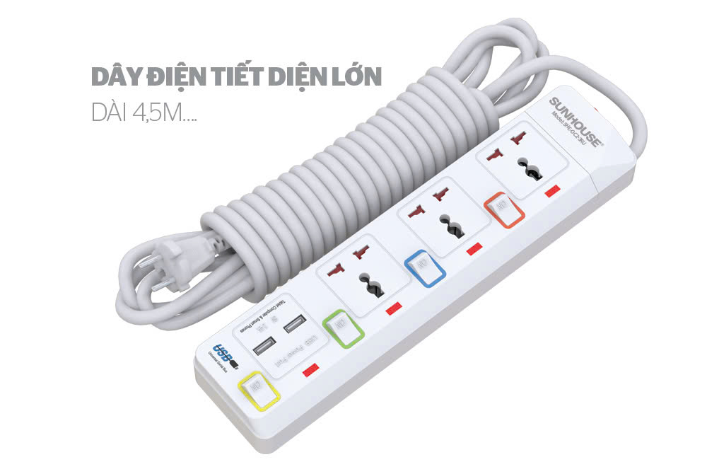 Ổ cắm điện Sunhouse OC2-3RU gồm 3 ổ cắm công tắc riêng biệt + 2 cổng usb [BH: 1 Tuần]