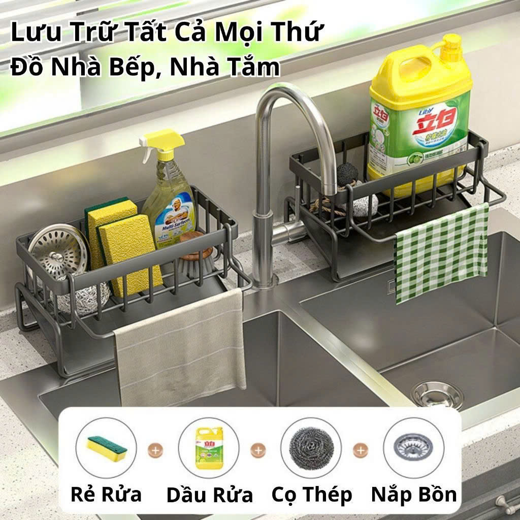 Khay xám/đen đựng đồ rửa chén, xà bông có móc treo khăn chất liệu thép [BH: NONE]