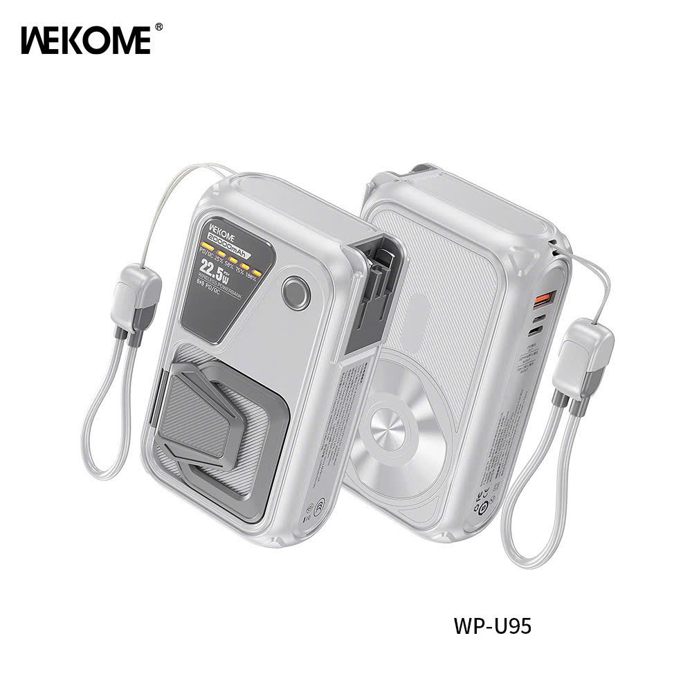 Pin sạc nhanh 22.5W không dây 5in1 WEKOME WP-U95 20.000mAh Thiết kế đa chức năng 5 trong 1 (Sạc + sạc dự phòng + cáp tích hợp + sạc không dây từ tính + giá đỡ điện thoại) [BH: 1 năm]