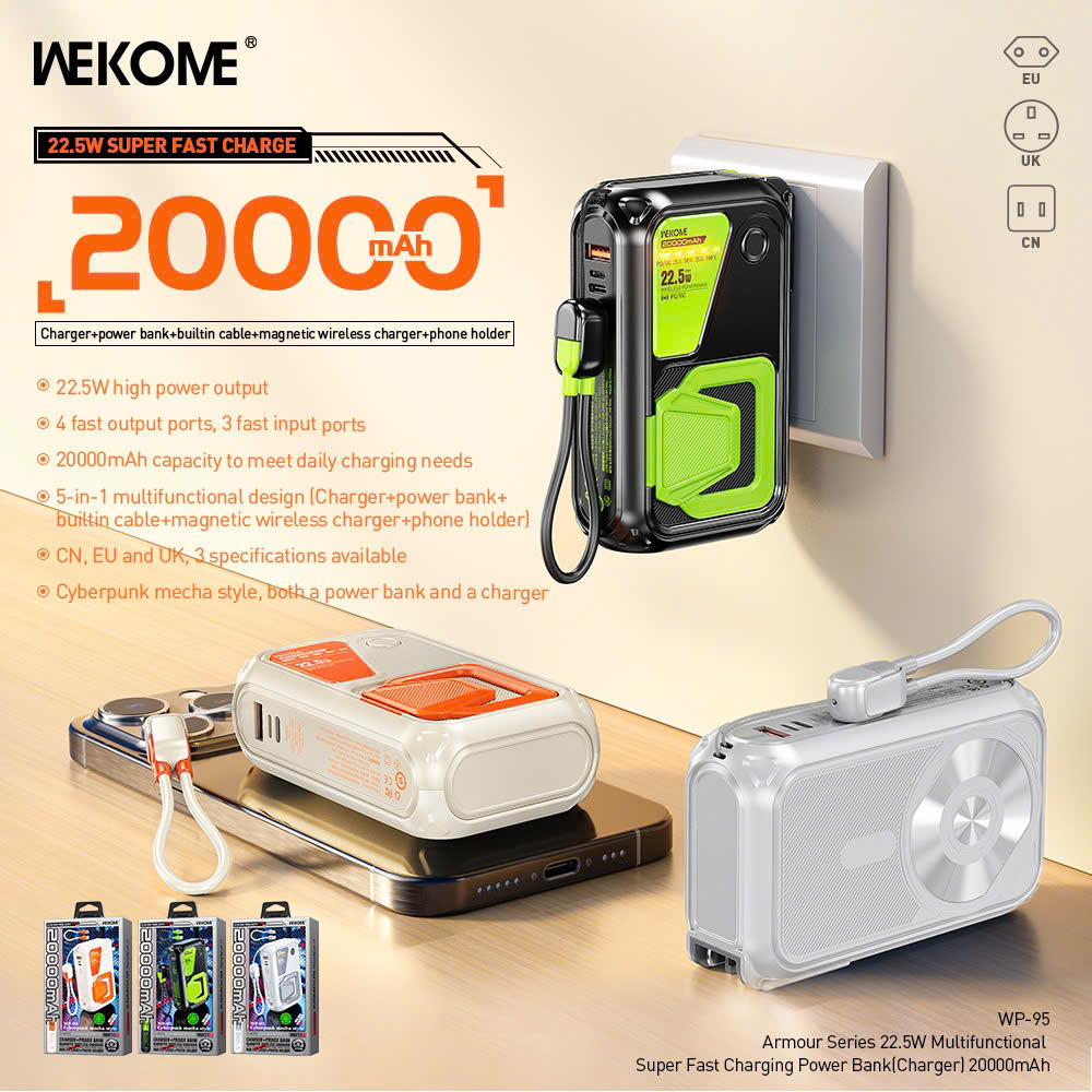 Pin sạc nhanh 22.5W không dây 5in1 WEKOME WP-U95 20.000mAh Thiết kế đa chức năng 5 trong 1 (Sạc + sạc dự phòng + cáp tích hợp + sạc không dây từ tính + giá đỡ điện thoại) [BH: 1 năm]