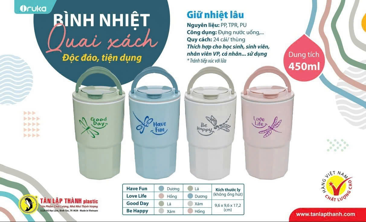 Ly nhựa đựng nước 450ml chuồn chuồn nhựa TLT có quai xách  [BH: NONE]