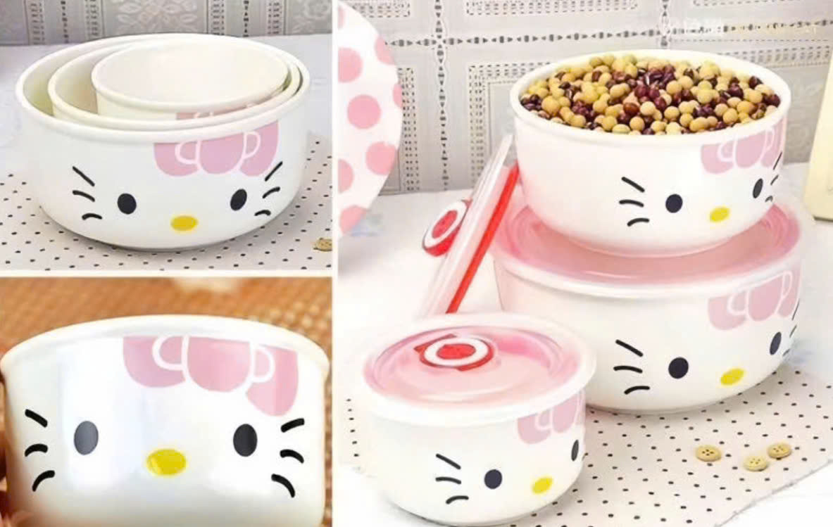 Bộ 3 thố sứ kitty có nắp đậy, úp mì, đựng thức ăn tiện lợi [BH: NONE]