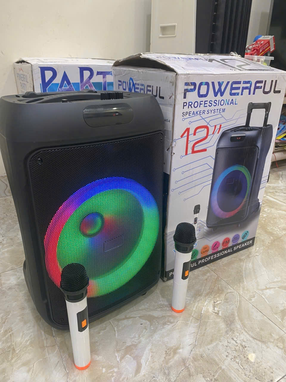 Loa kéo bluetooth karaoke POWERFUL mẫu loa kéo 12in có đèn led kèm 2 micro không dây siêu hay [Bh 6 Tháng]