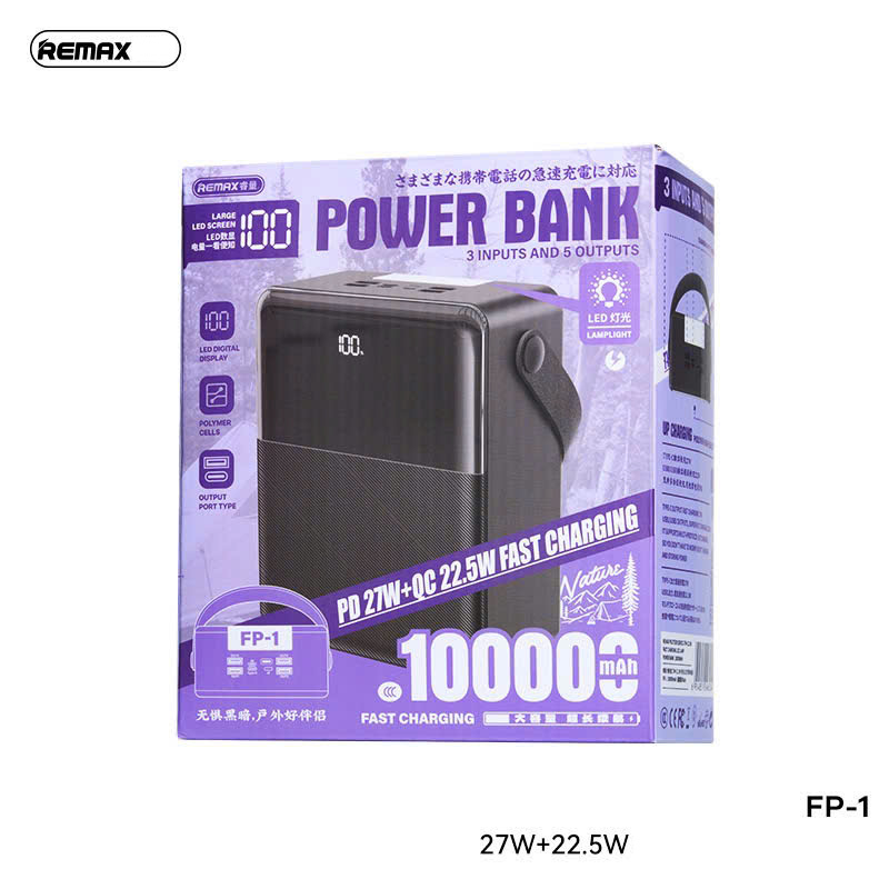 Pin sạc nhanh 27w REMAX FP-1 100.000mAh dự phòng sạc nhanh 27w có quai xách tiện lợi kèm đèn pin siêu sáng [Bh 1 Năm]