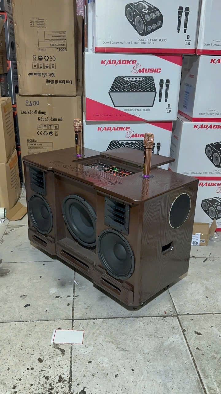 Loa bluetooth karaoke SOUNDBOX SB1-12 vân gỗ cao cấp kèm 2 micro siêu hay [BH 1 Năm]