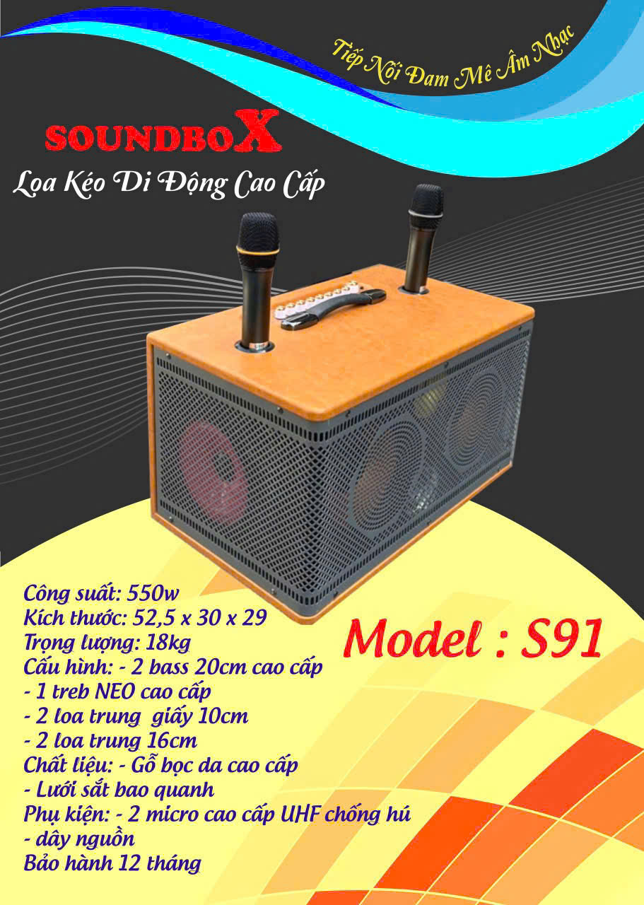 Loa bluetooth karaoke SOUNDBOX S91 bọc da cao cấp kèm 2 micro siêu hay [BH 1 Năm]