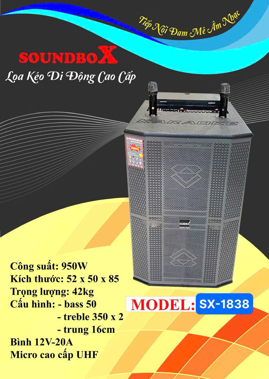 Loa kéo di động bluetooth karaoke SOUNDBOX SX-1838 loa bass 50 kèm 2 mic chống hú cực hay [Bh 6 Tháng]