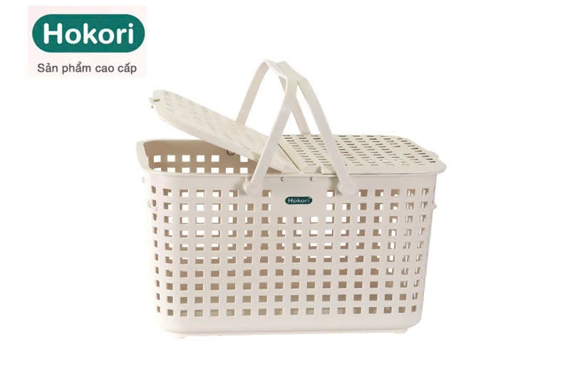Giỏ nhựa chữ nhật VN2608 có quai xách nắp đậy đựng quần áo, đồ đi sanh cho mẹ bỉm (lán nhựa) [BH: NONE]