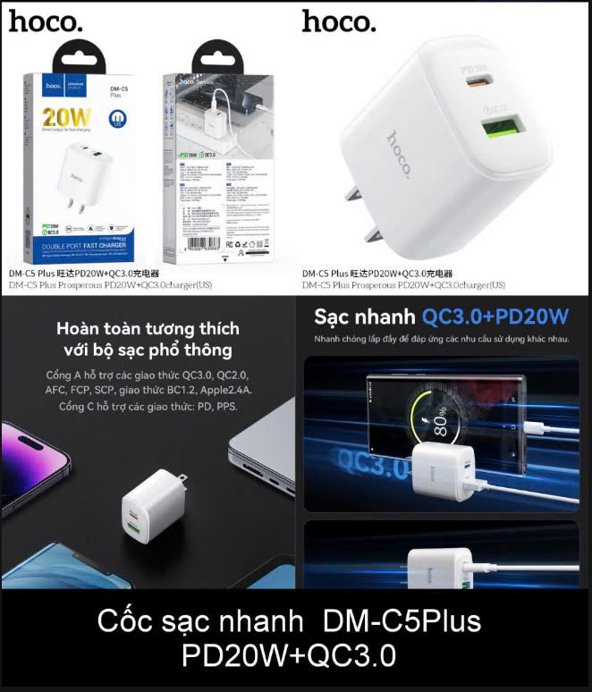 Cóc sạc nhanh 22.5w+QC3.0 HOCO DM-C5 PLUS cóc 2 cổng (1 cống usb 1 cổng Type C) chính hãng [BH 1 Năm]