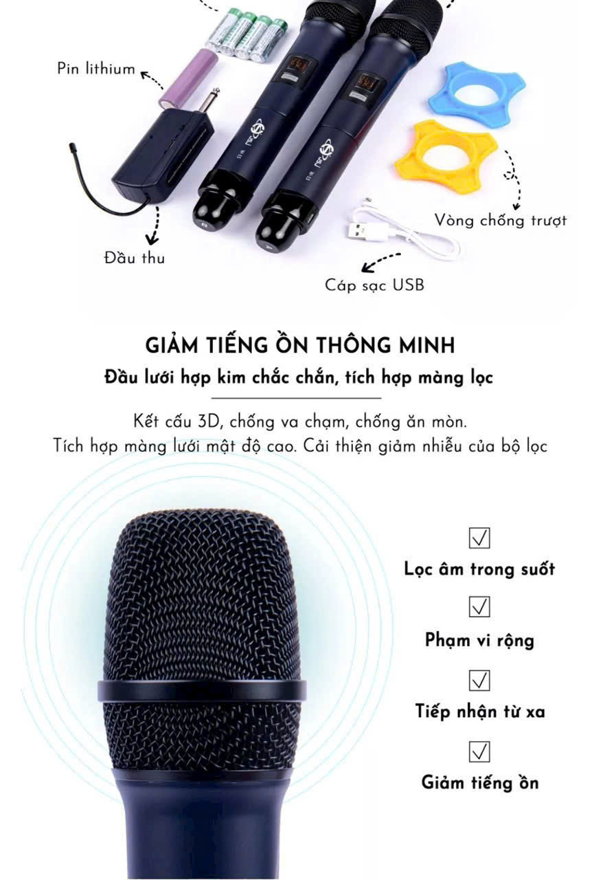 Micro karaoke đa năng không dây JSJ W-15 mẫu mới 2 micro siêu đẹp có hát siêu hay [BH 3 Tháng]