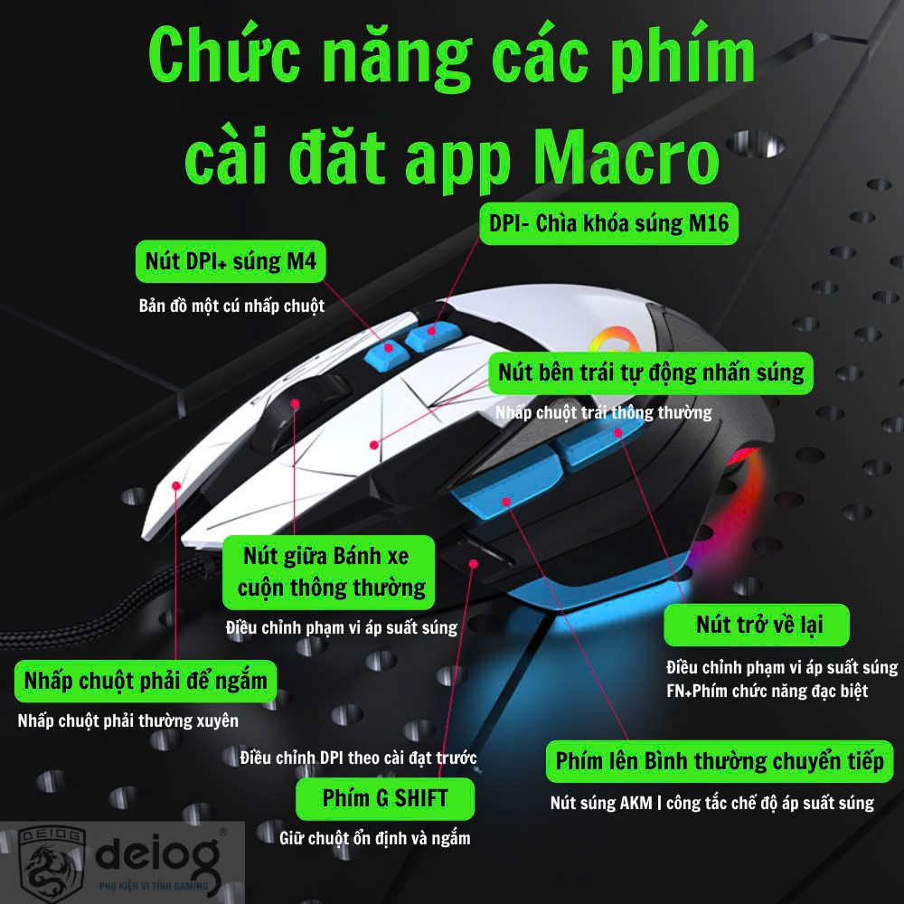 Chuột có dây Gaming DEIOG G502 Macro có led RGB cực đẹp kèm app điều chỉnh giả lập chính hãng