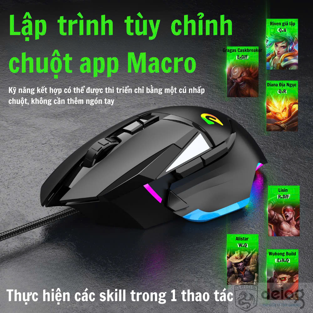 Chuột có dây Gaming DEIOG G502 Macro có led RGB cực đẹp kèm app điều chỉnh giả lập chính hãng