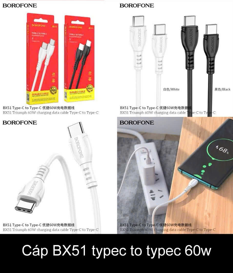 Cáp sạc 60W Borofone BX51 2 đầu type c (Type C ra Type c; c-c) dây nhựa chính hãng