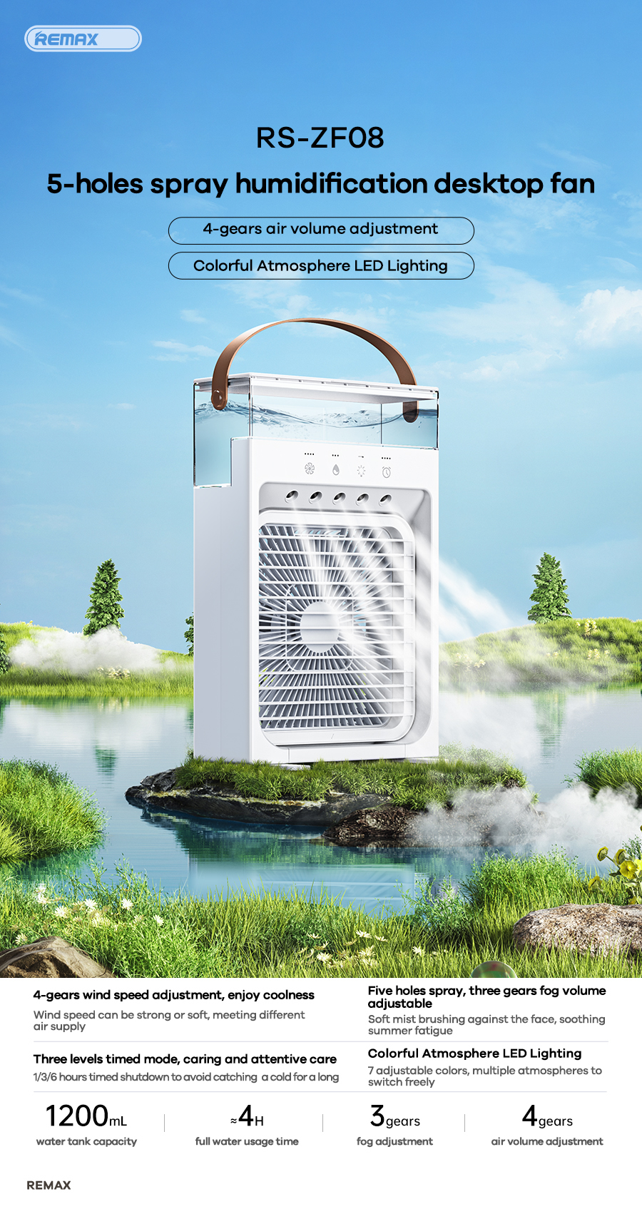 Quạt phun sương REMAX RS-ZF08 quạt để bàn kèm 5 lỗ phun sương tạo độ ẩm, 4 cấp gió 3 cấp phun sương chính hãng