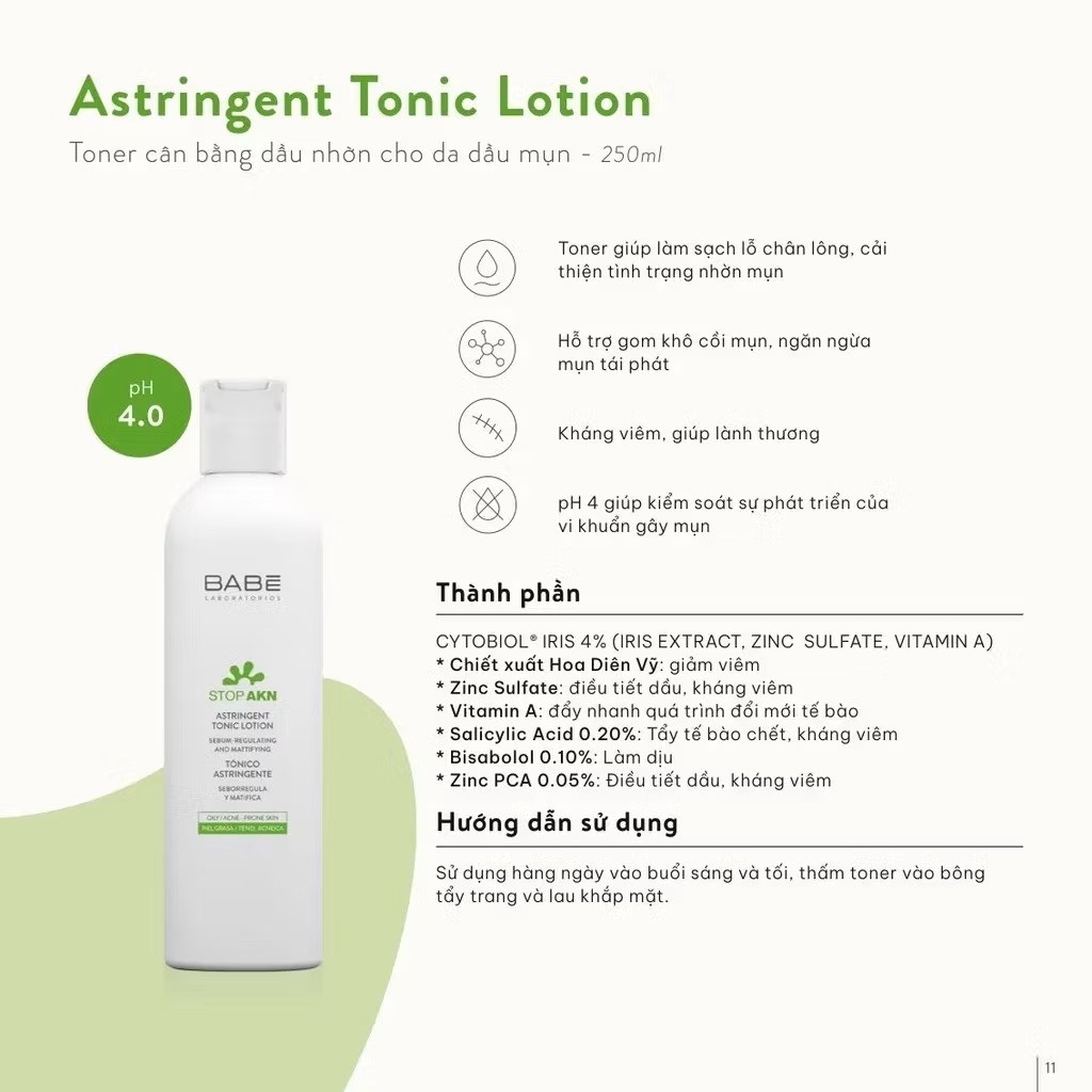 Toner cân bằng da BABE Stop AKN Astringent Tonic Lotion dành cho da dầu mụn 250ml