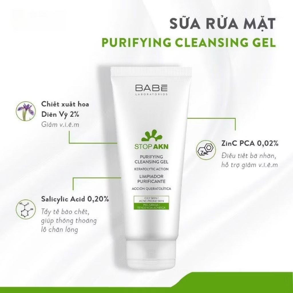 Sữa rửa mặt BABE STOP AKN PURIFYING CLEANSING GEL dịu ên cho làn da mụn