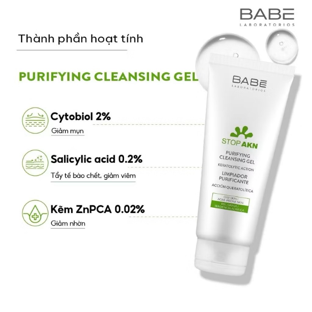 Sữa rửa mặt BABE STOP AKN PURIFYING CLEANSING GEL dịu ên cho làn da mụn