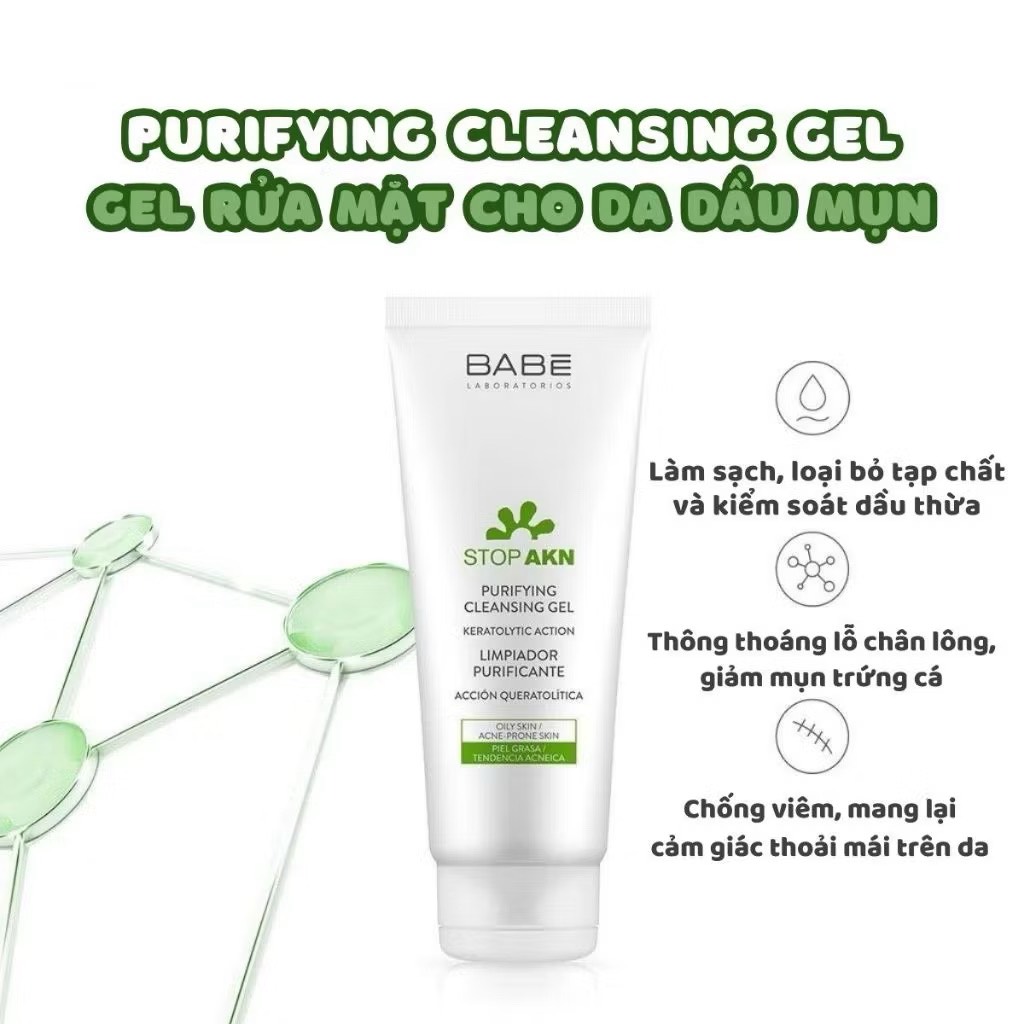 Sữa rửa mặt BABE STOP AKN PURIFYING CLEANSING GEL dịu ên cho làn da mụn