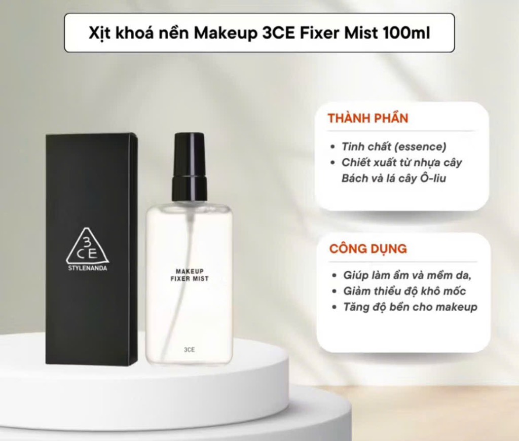 Xịt Khoáng Khoá Nền 3CE Makeup Fixer Mist Cấp Ẩm 100ml
