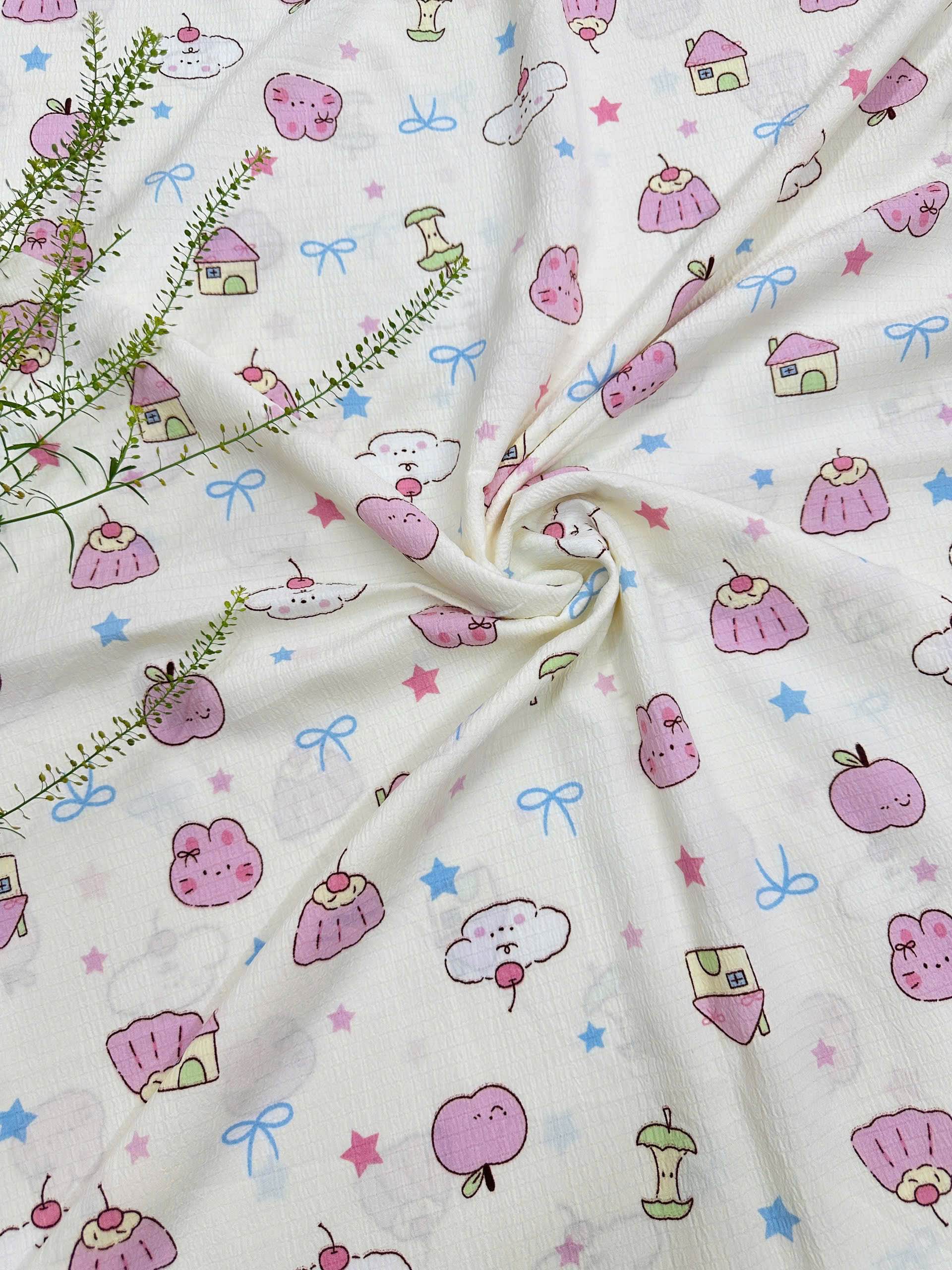 Vải xốp gạo (xốp Thái) - nhiều mẫu in dễ thương - may đồ bộ, đầm trẻ em và người lớn  (dài 1m, khổ 1m5, vải cắt liền)