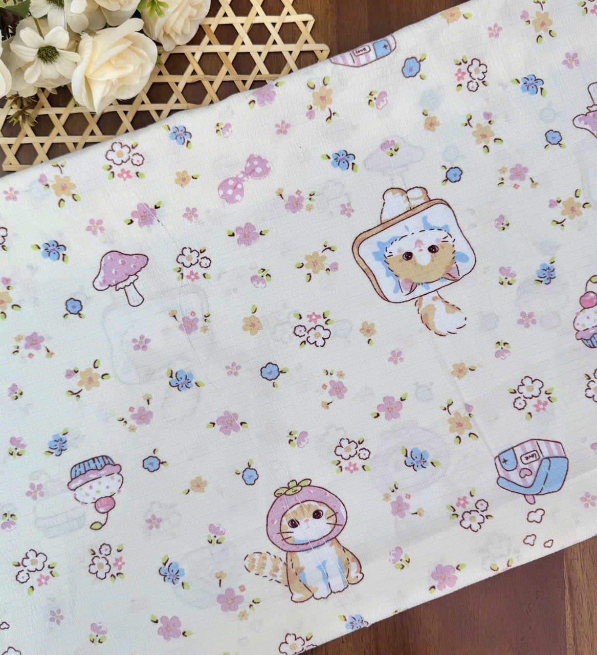Vải xốp gạo (xốp Thái) - nhiều mẫu in dễ thương - may đồ bộ, đầm trẻ em và người lớn  (dài 1m, khổ 1m5, vải cắt liền)