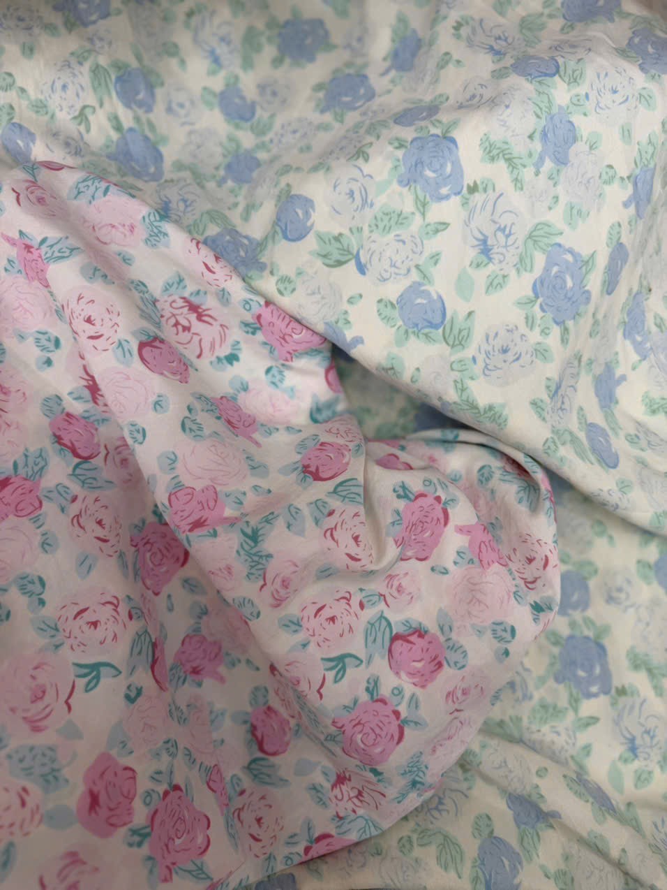 Vải Cotton hàn (đũi lạnh) in hoa, hình cute - may bộ, đầm, handmade, decor (dài 1m, khổ 1m6, vải cắt liền)