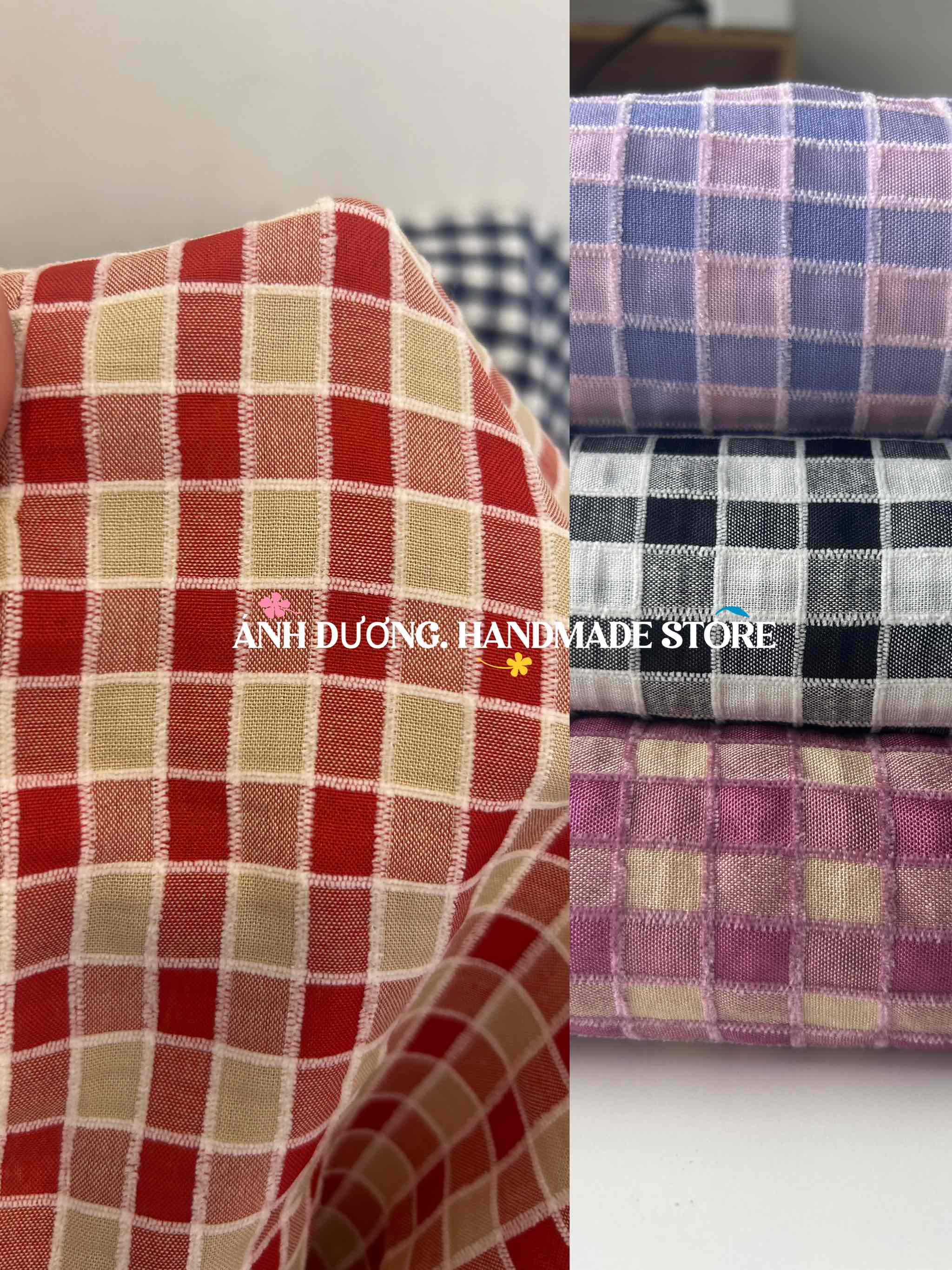 Vải cotton nhung (SLx0.5m khổ 1.5m) caro 8li, cotton thô thoáng khí và dễ chịu