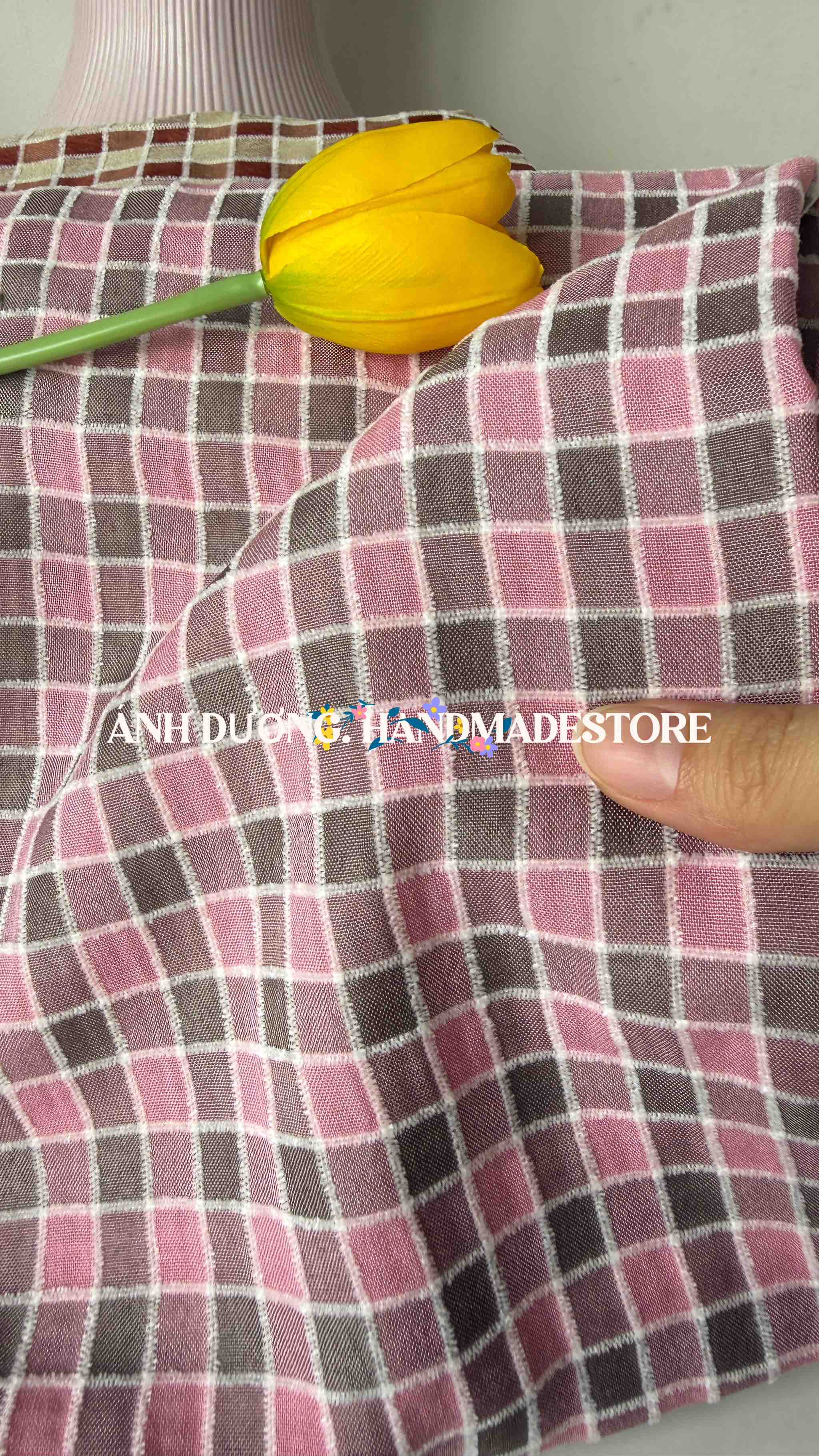 Vải cotton nhung (SLx0.5m khổ 1.5m) caro 8li, cotton thô thoáng khí và dễ chịu
