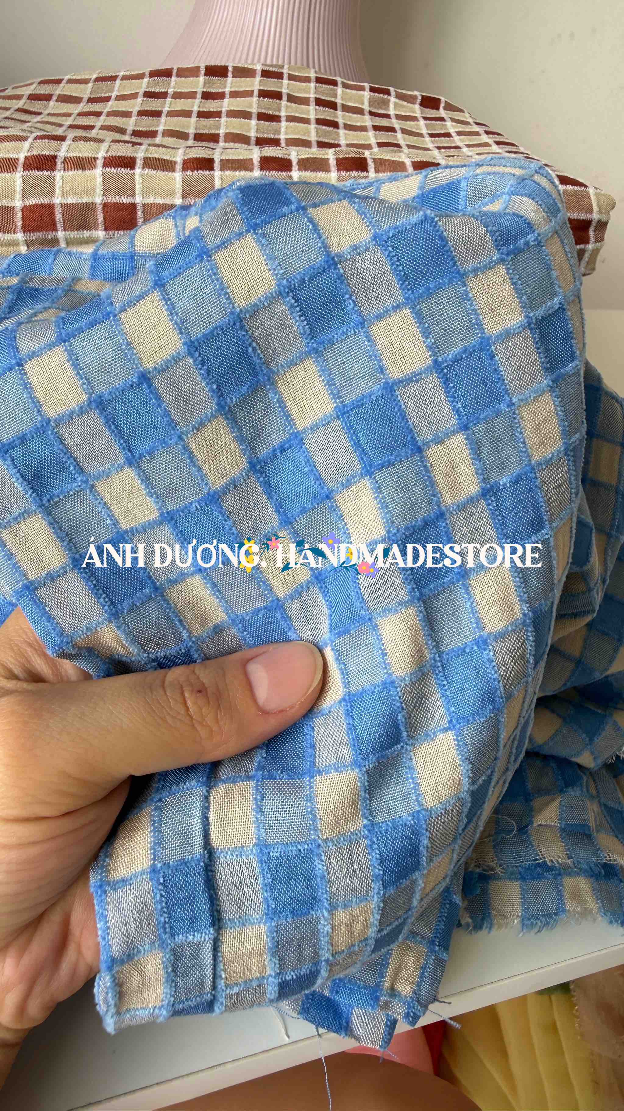 Vải cotton nhung (SLx0.5m khổ 1.5m) caro 8li, cotton thô thoáng khí và dễ chịu