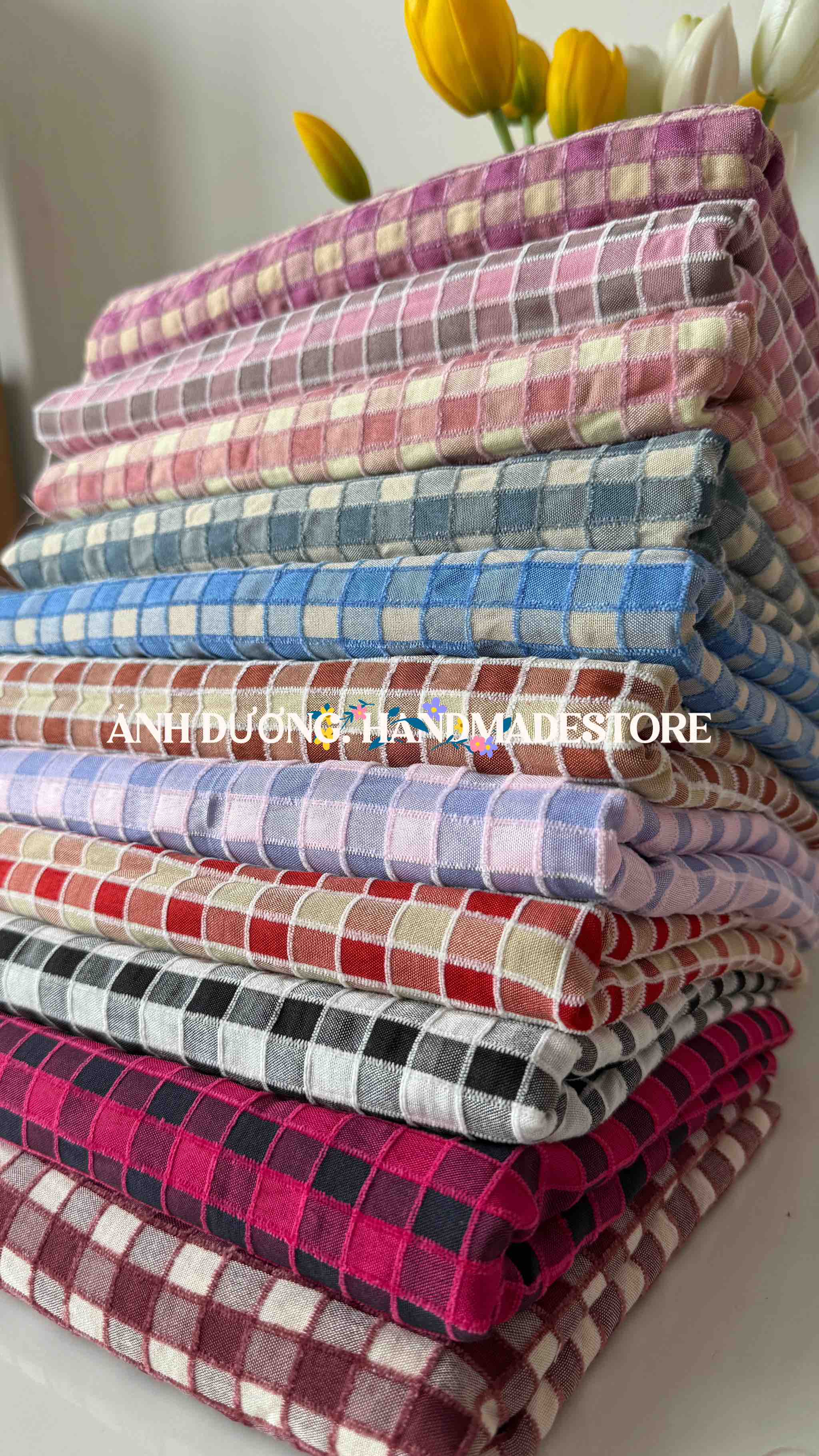 Vải cotton nhung (SLx0.5m khổ 1.5m) caro 8li, cotton thô thoáng khí và dễ chịu