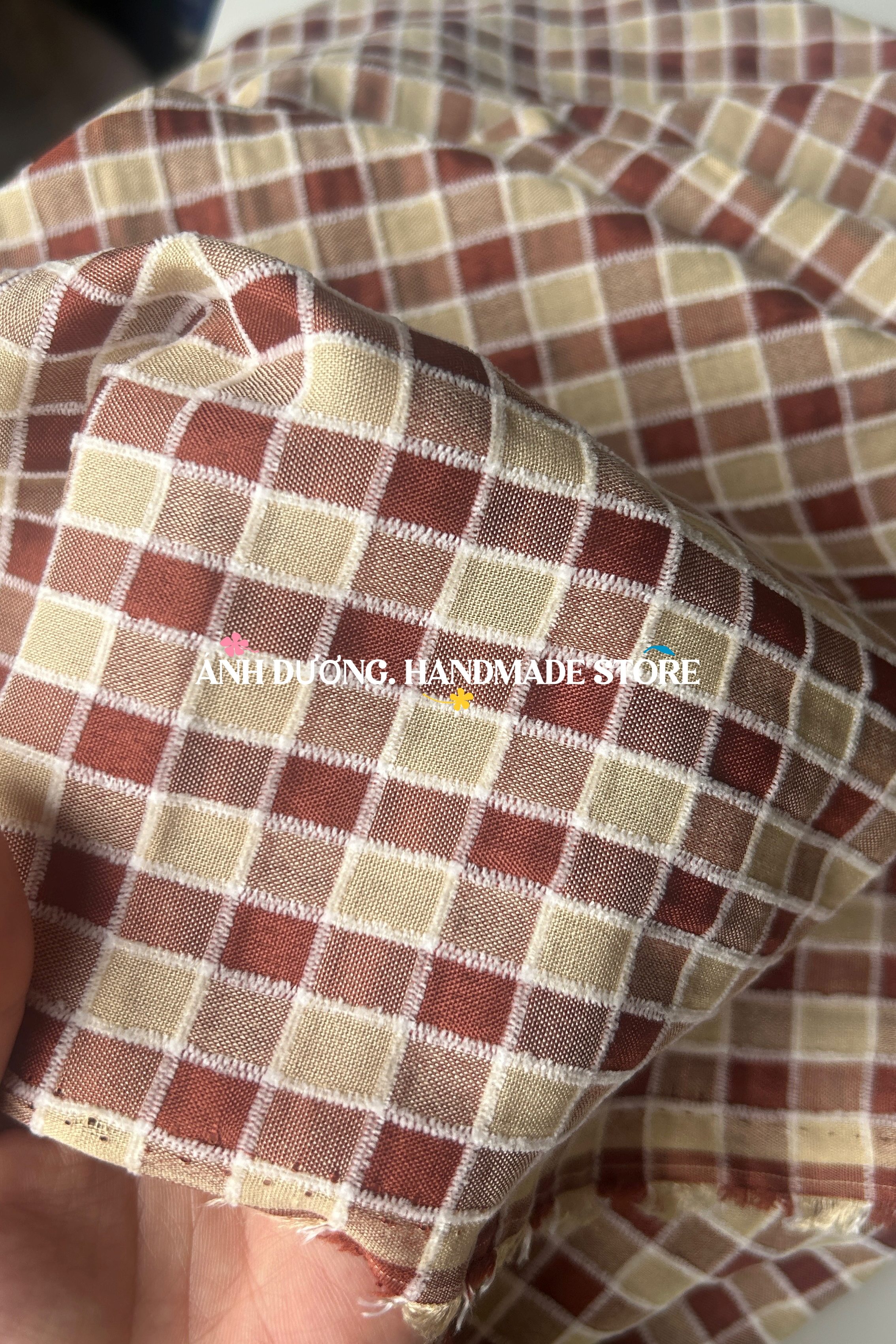 Vải cotton nhung (SLx0.5m khổ 1.5m) caro 8li, chất thô cotton mát mẻ
