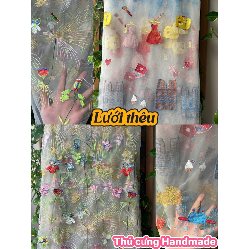 Vải Lưới (SLx0.5m khổ 1.3m) Thêu hình độc lạ, hình in chuẩn nét