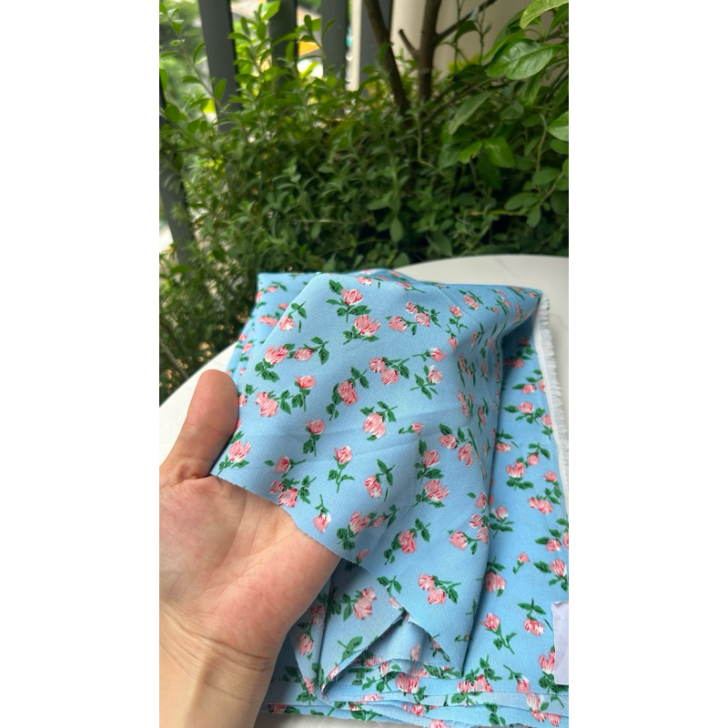 Vải Lụa 100D (SLx0.5m khổ 1.5m) lụa Nhật, hoa nhí tông xanh