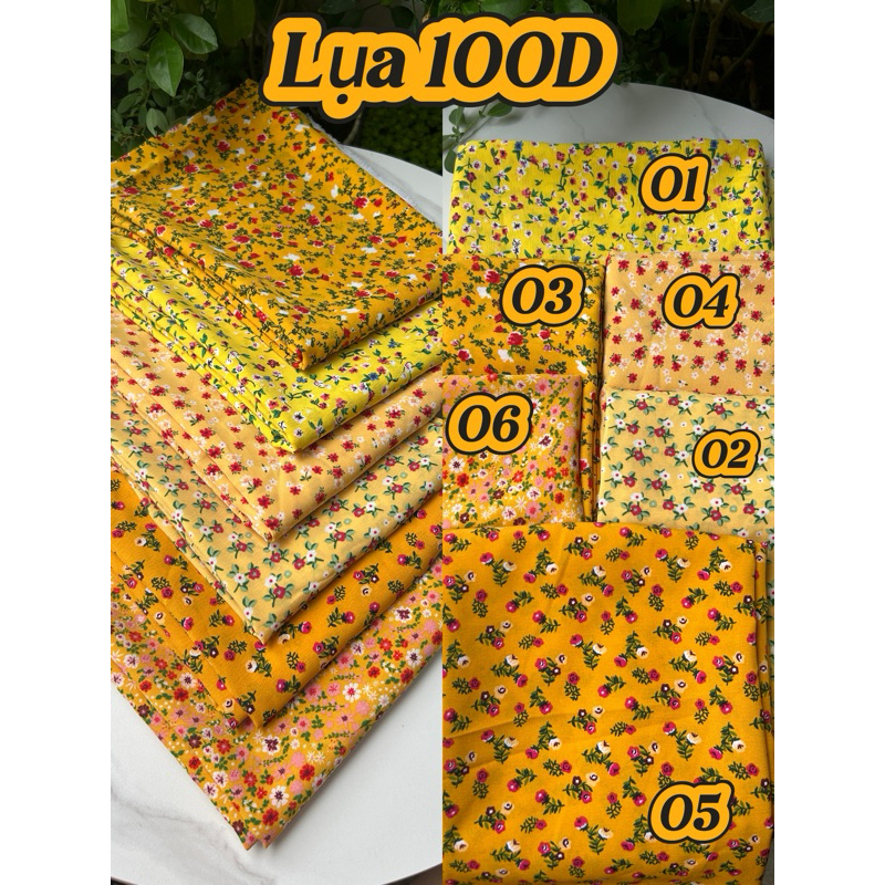 Vải Lụa 100D (SLx0.5m khổ 1.5m) lụa Nhật, hoa nhí tông vàng