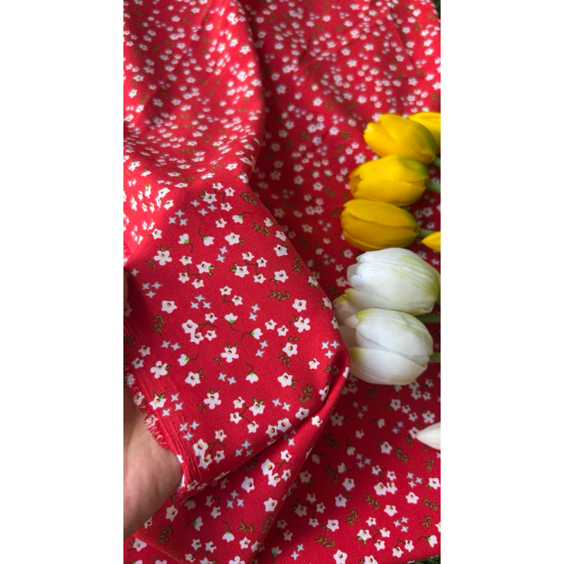 Vải Lụa 100D (SLx0.5m khổ 1.5m) lụa Nhật, hoa nhí tông đỏ hồng