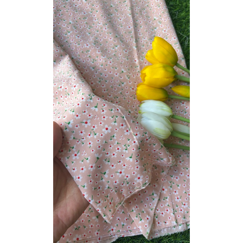 Vải Lụa 100D (SLx0.5m khổ 1.5m) lụa Nhật, hoa nhí tông đỏ hồng