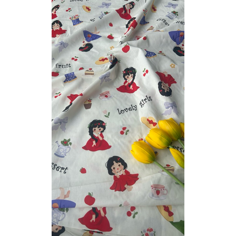 Vải thô cotton (SLx0.5m khổ 1.45m) kate lụa 3D in hình động vật, búp bê.