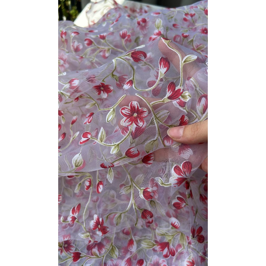 Vải voan kính (SLx0.5m khổ 1.3m) in hoa nhiều mẫu.