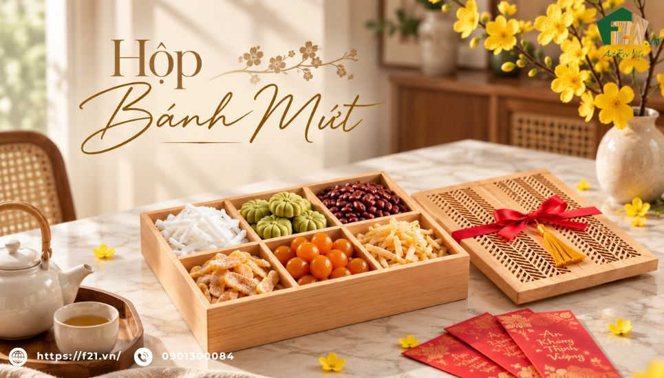 Hộp bánh mứt tết, bánh kẹo bằng gỗ đẹp được ưa chuộng