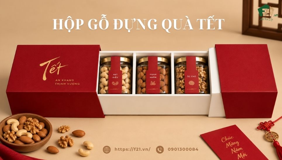 Hộp gỗ đựng quà Tết 2027 thiết kế, in logo theo yêu cầu