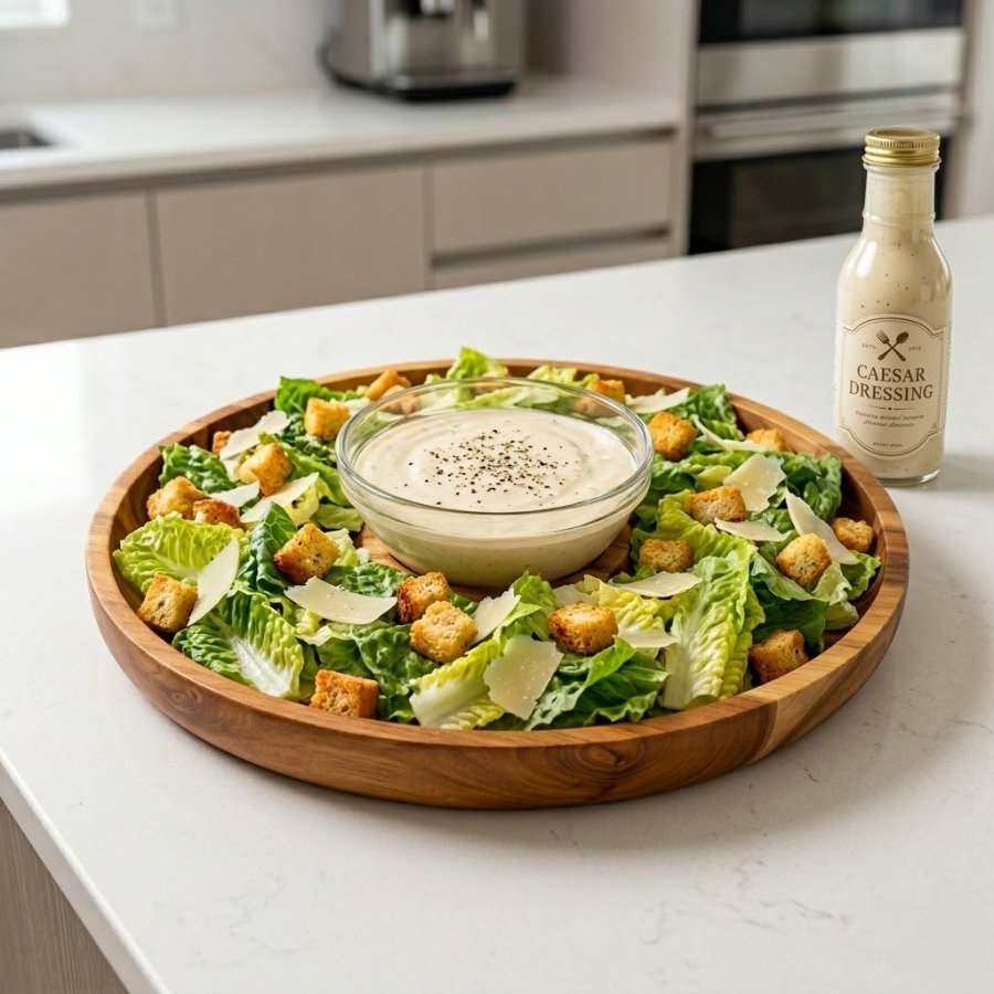 Khay gỗ tròn có ngăn đựng bát sốt, bày salad Caesar