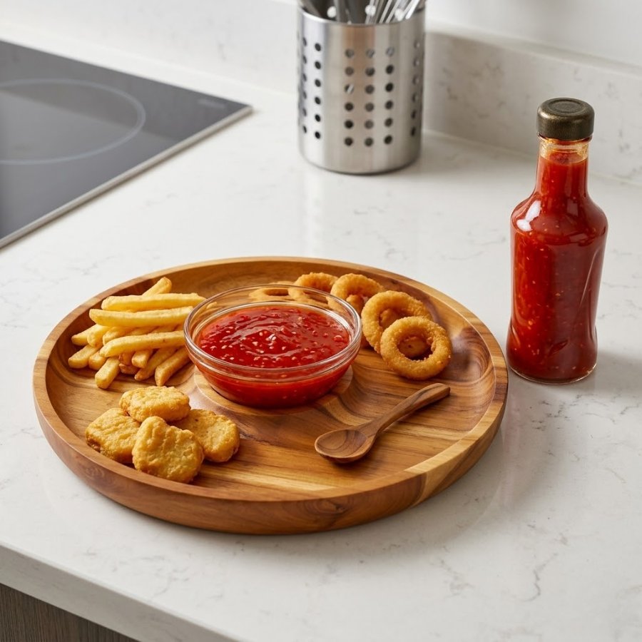 Khay gỗ tròn có ngăn đựng bát sốt, bày đồ chiên và nước sốt