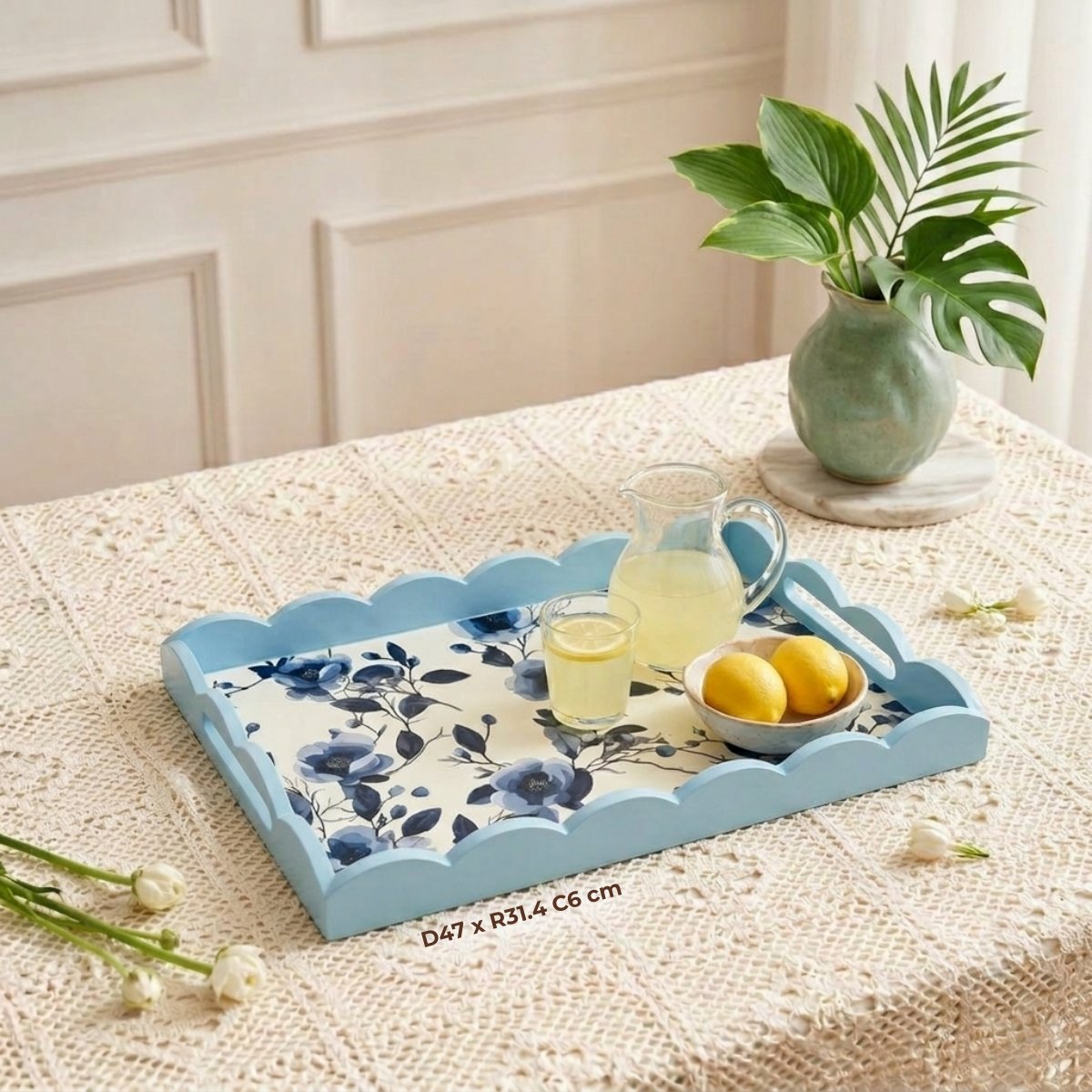 khay chữ nhật sơn mài hoa hồng xanh