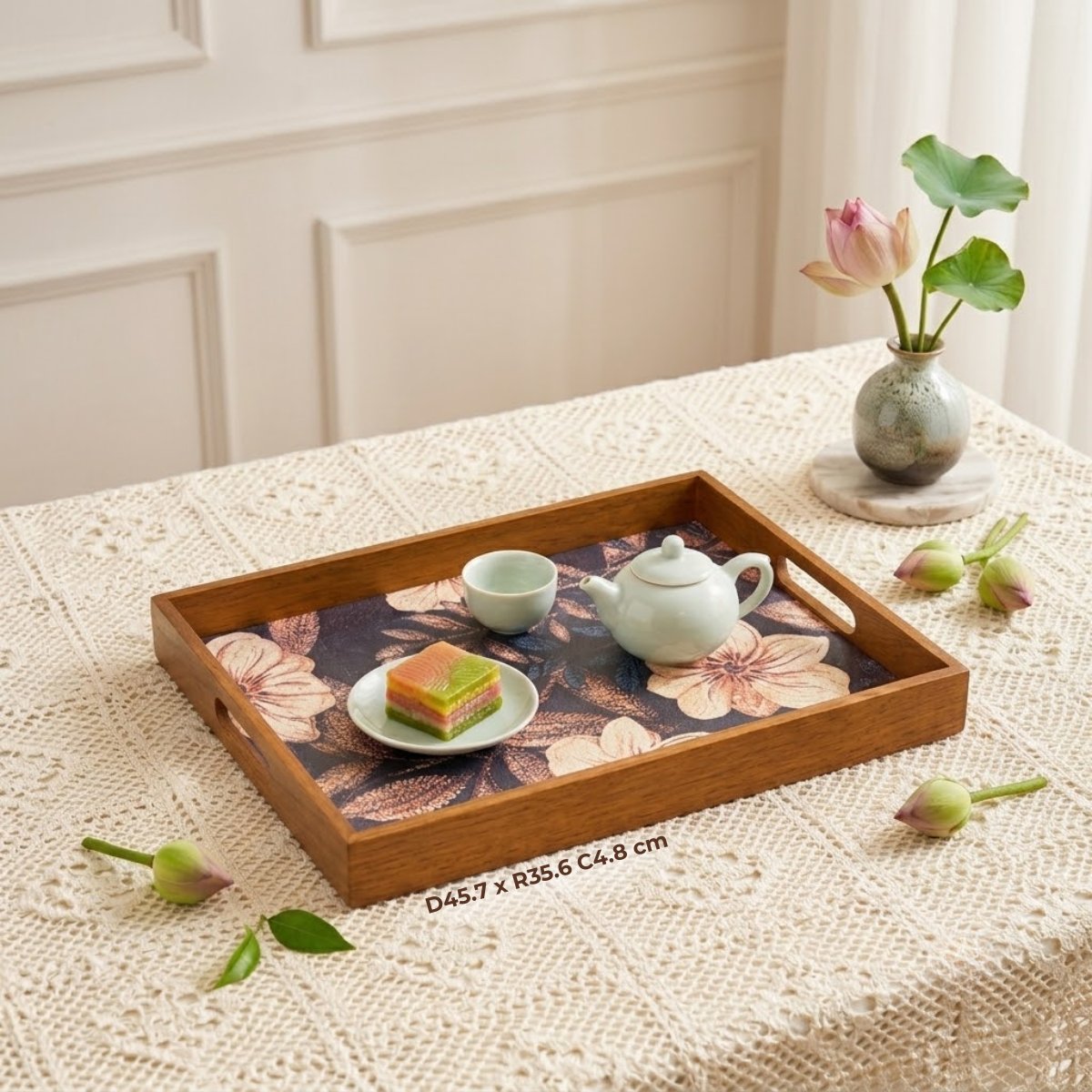 khay chữ nhật gỗ sồi hoa hải quỳ