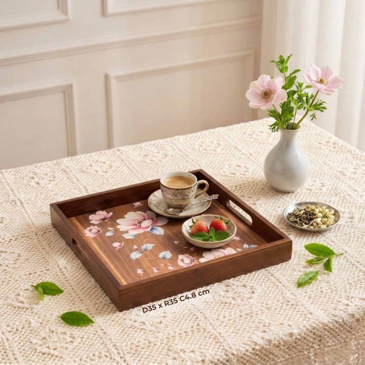 khay vuông gỗ tràm hoa mẫu đơn