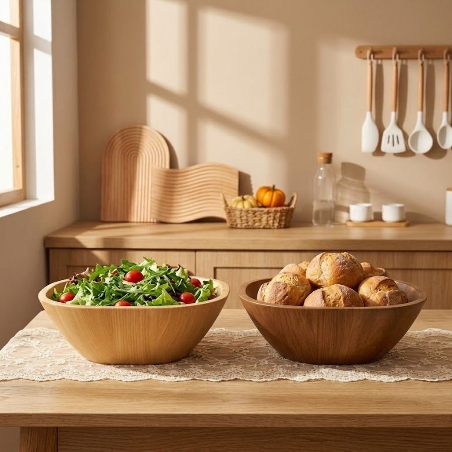 Set tô gỗ vuông bo góc đựng salad và bánh mì trên bàn ăn