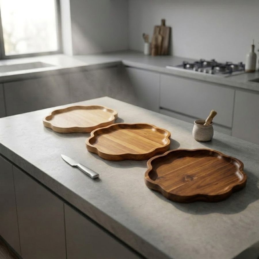 Bộ đĩa gỗ hình hoa decor bàn bếp