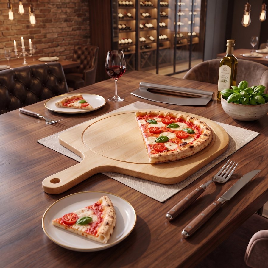 Thớt gỗ đựng pizza dáng tròn có tay cầm