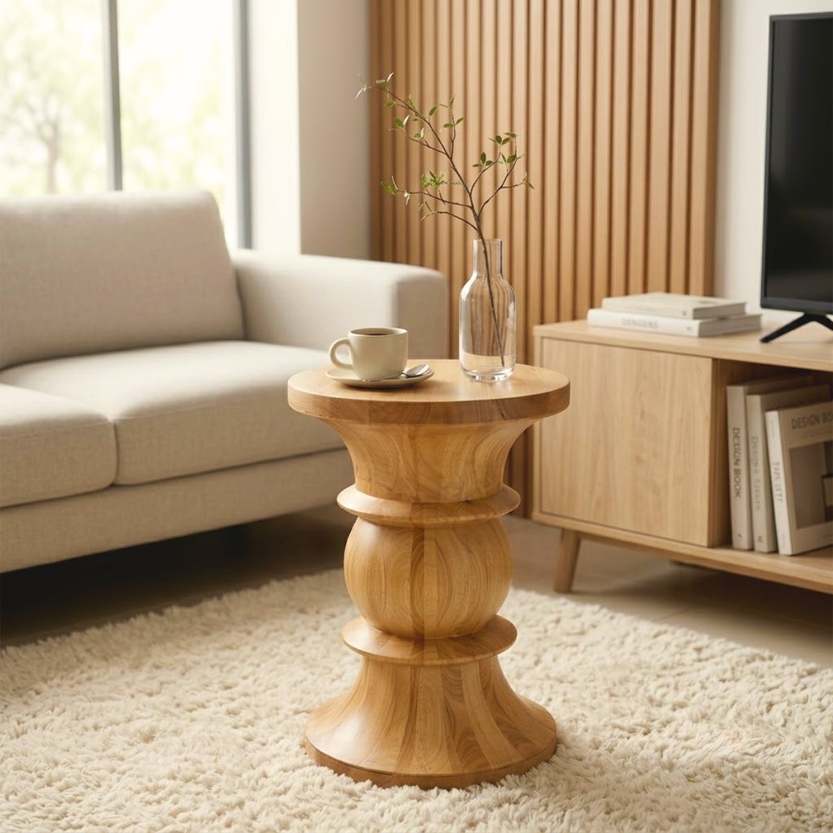 Bàn đồng hồ cát gỗ đặt cạnh sofa phong cách Japandi