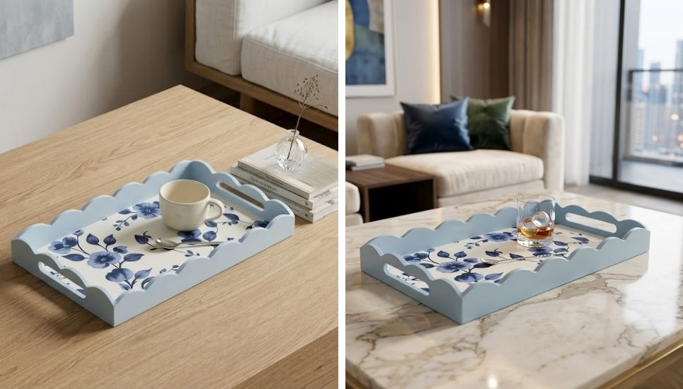 khay gỗ sơn mài chữ nhật, hình lượn sóng